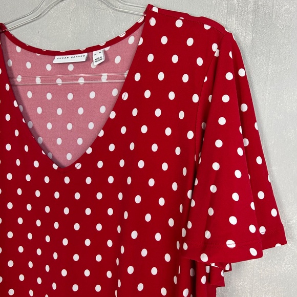 Susan Graver size XL midi dress liquid knit flutter sleeve red polka dot v-neck - Picture 7 of 11
